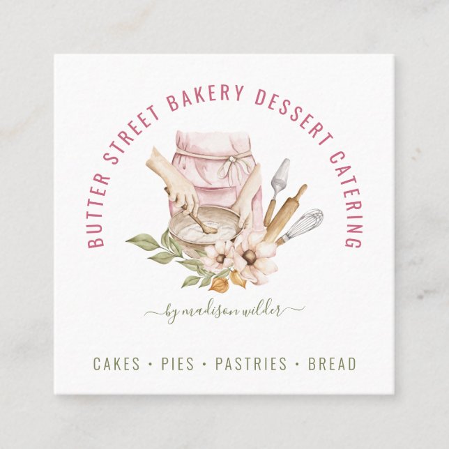 Baker Pastry Chef Watercolor  Square Business Card (Front)