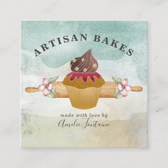 Baker Pastry Chef Watercolor  Square Business Card (Front)