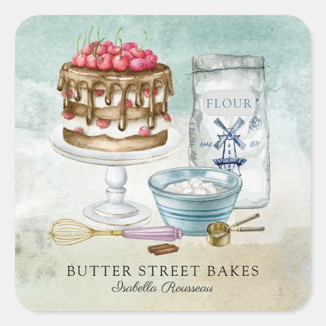 Baker Pastry Chef  Watercolor Square Business Card Square Sticker (Front)
