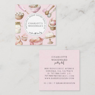Baker Pink Watercolor Desserts Utensils Square Business Card