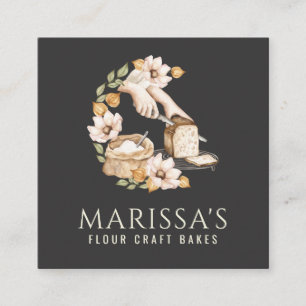 Baker's Bakery Bread And Flour Floral Black Square Business Card