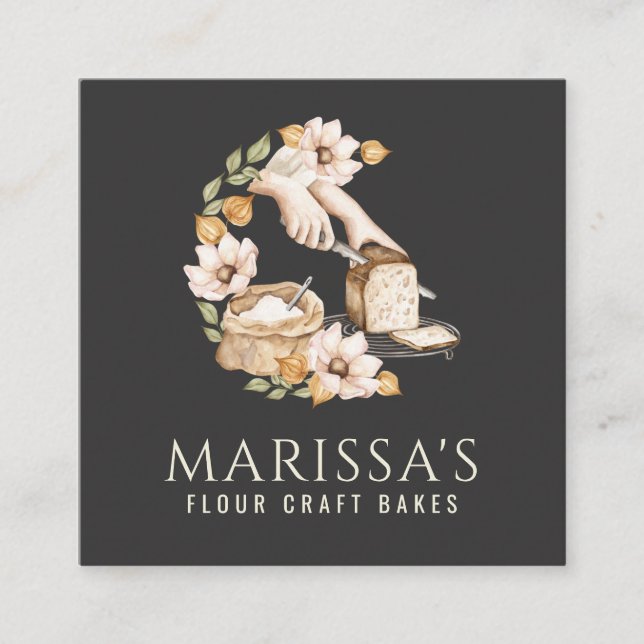 Baker's Bakery Bread And Flour Floral Black Square Business Card (Front)