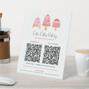 Bakery 3 Blush Pink Cakes 2 QR Codes Pay Here Cute Pedestal Sign