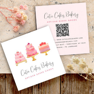 Bakery 3 Blush Pink Cakes QR Code Pastry Chef Cute Square Business Card