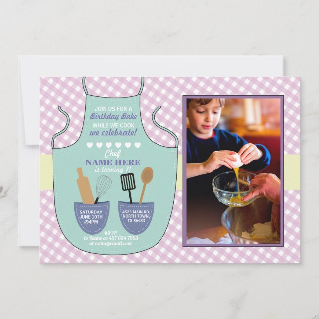 Bakery Apron Birthday Party Photo Mint Pink Invite (Front)
