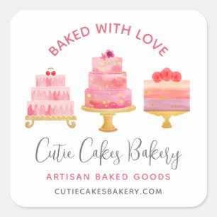 Bakery Baked With Love 3 Blush Pink Dessert Cakes Square Sticker