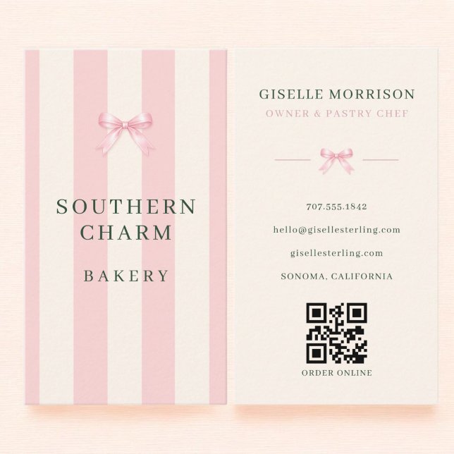 Bakery Baker Pink Green Striped Bow QR Code Business Card (Creator Uploaded)