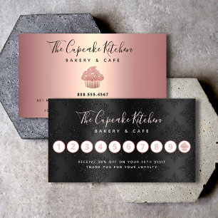 Bakery Black Damask Rose Gold Cupcake Pastry Chef Loyalty Card