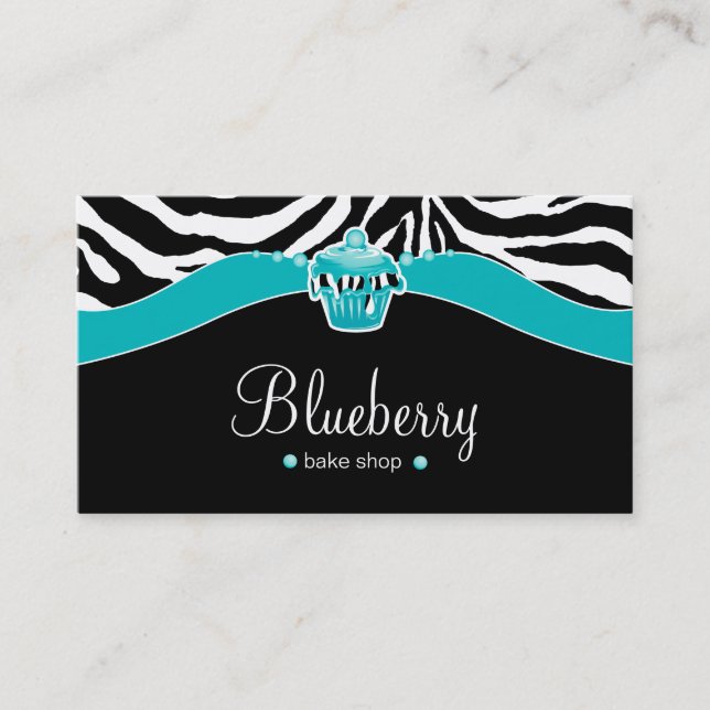 Bakery Blue Cupcake Zebra Animal Print Business Card (Front)