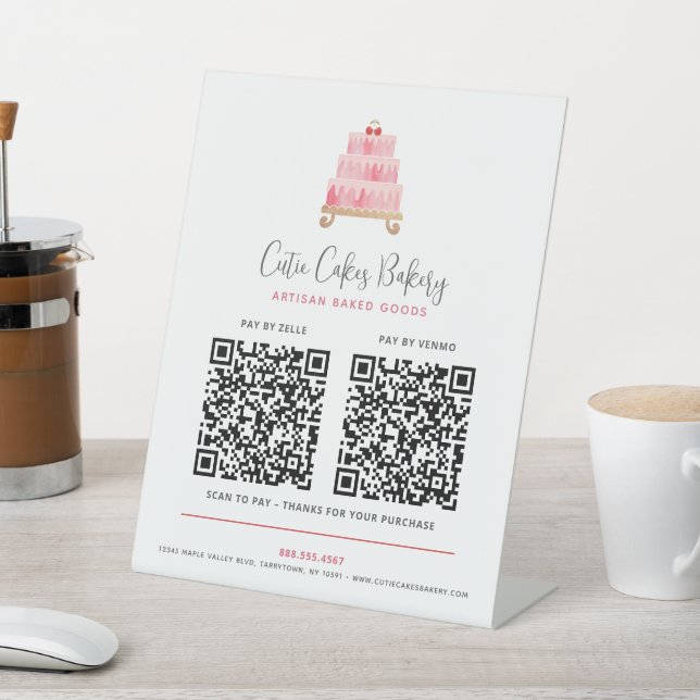 Bakery Blush Pink Cake 2 QR Codes Pay Here Modern Pedestal Sign (In SItu)