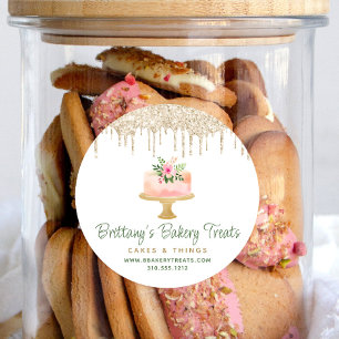 Bakery Blush Pink Cake Gold Glitter Drips Dessert Classic Round Sticker