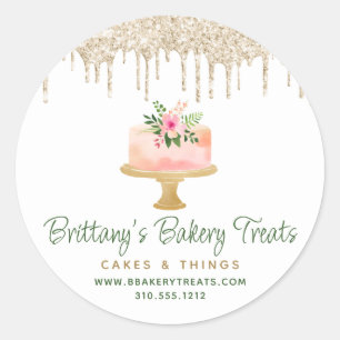 Bakery Blush Pink Cake Gold Glitter Drips Dessert Classic Round Sticker