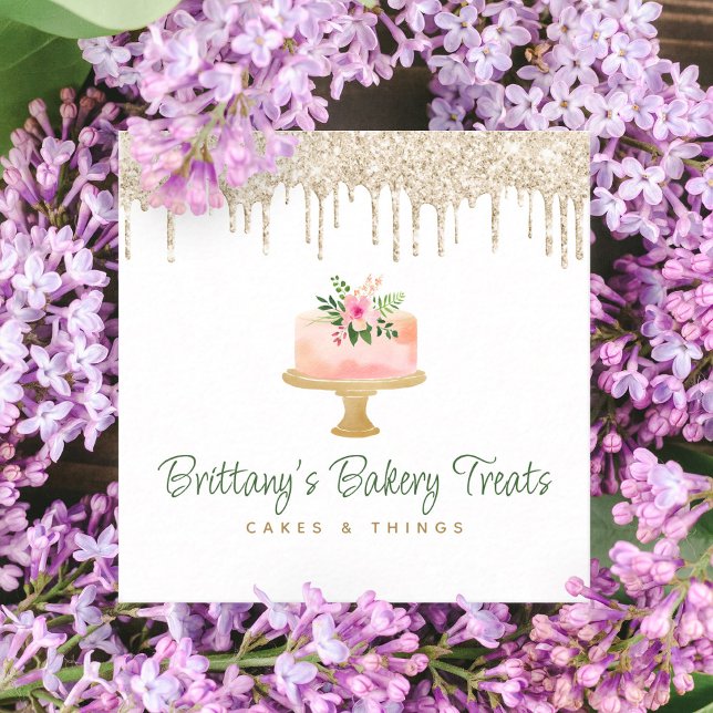 Bakery Blush Pink Cake Gold Glitter Drips Dessert Square Business Card (Creator Uploaded)