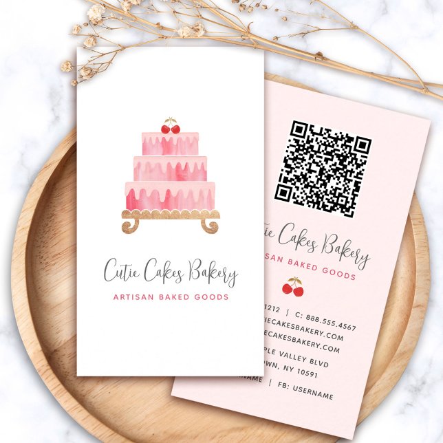 Bakery Blush Pink Cake QR Code Pastry Chef Minimal Business Card (Creator Uploaded)
