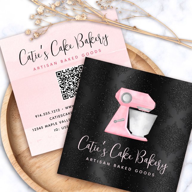 Bakery Blush Pink Kitchen Mixer QR Code on Black Square Business Card (Creator Uploaded)