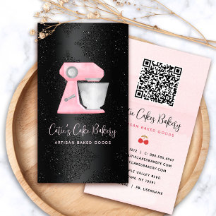 Bakery Blush Pink Mixer QR Code on Black Damask Business Card