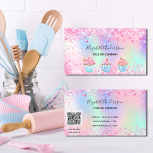 Bakery blush pink purple glitter dust QR code Business Card