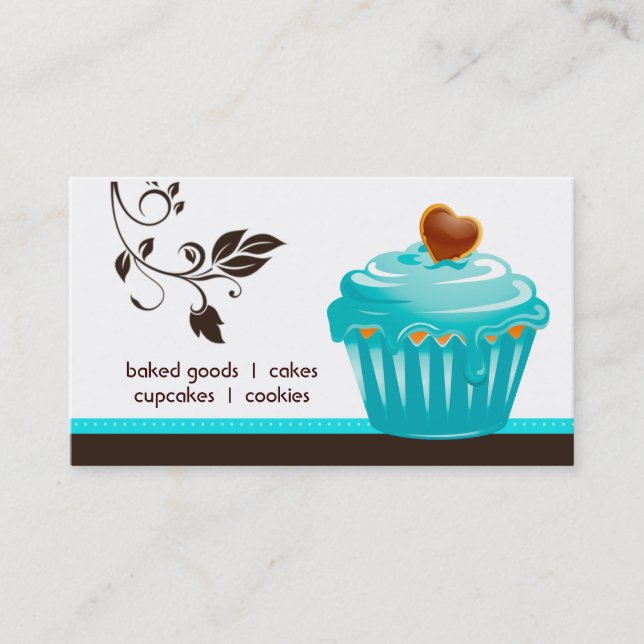 Bakery business card cupcake blue floral hearts (Front)