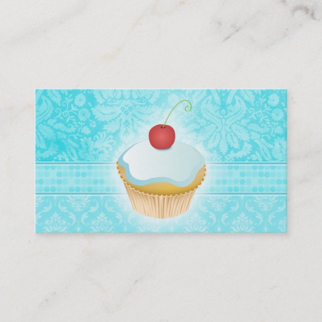 Bakery Business Card Cupcake Damask Blue (Front)