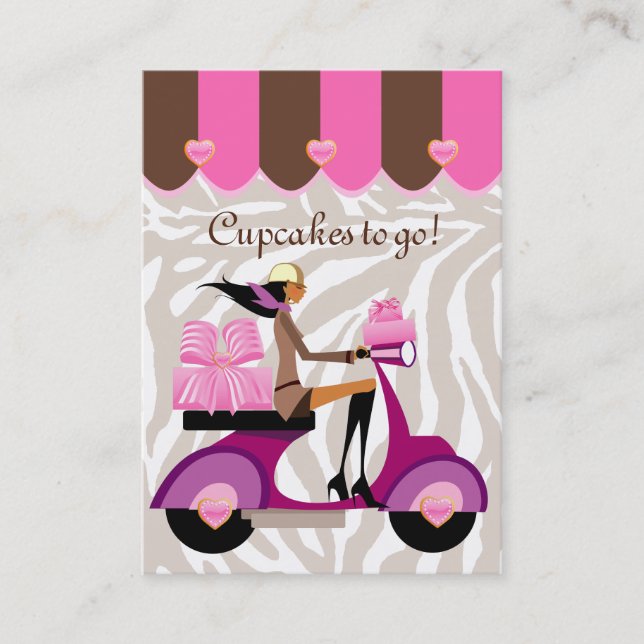 Bakery Business Card Scooter Girl Pink Boxes Zebra (Front)