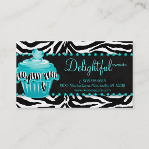 Bakery Business Card Zebra Blue Cupcake Heart Dots