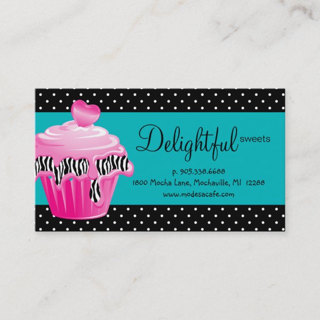 Bakery Business Card Zebra Dots Blue Pink Cupcake (Front)