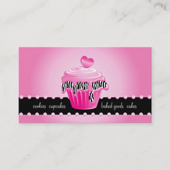 Bakery Business Card Zebra Pink Cupcake Heart (Front)