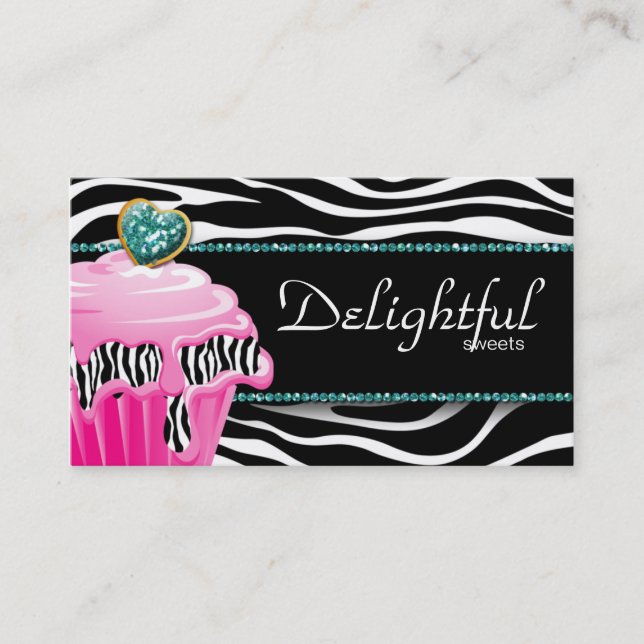 Bakery Business Card Zebra Pink Cupcake Teal (Front)