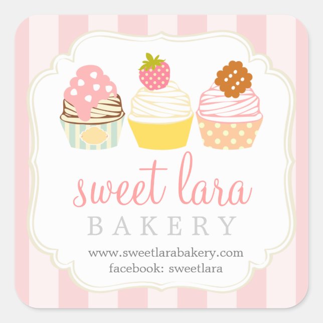 Bakery Cafe Retro Sweet Cupcakes Cute Boutique Square Sticker (Front)
