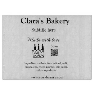 Bakery cake add ingredients made with love q r  cutting board