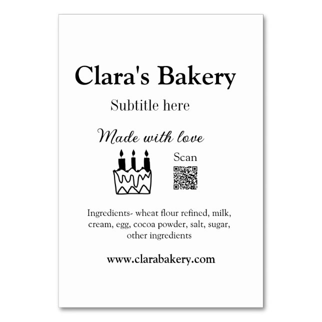 Bakery cake add ingredients made with love q r  table number (Front)