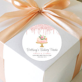 Bakery Cake Blush Pink Glitter Drip Pastry Dessert Classic Round Sticker