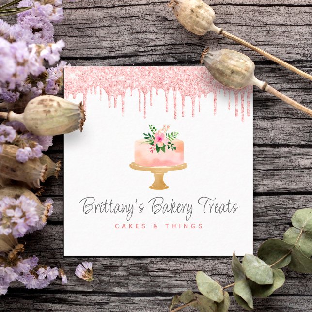 Bakery Cake Blush Pink Glitter Drip Pastry Dessert Square Business Card (Creator Uploaded)