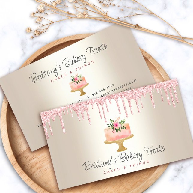 Bakery Cake Blush Pink Glitter Drips Dessert Gold Business Card (Creator Uploaded)
