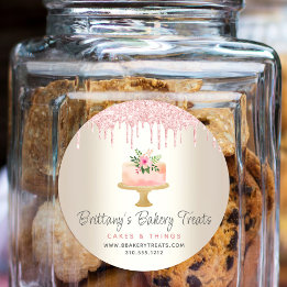 Bakery Cake Blush Pink Glitter Drips Dessert Gold Classic Round Sticker
