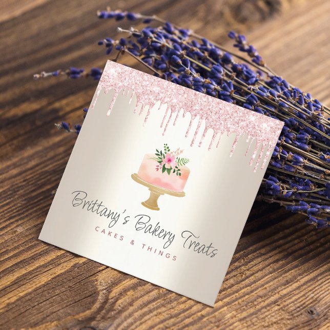 Bakery Cake Blush Pink Glitter Drips Dessert Gold Square Business Card (Creator Uploaded)