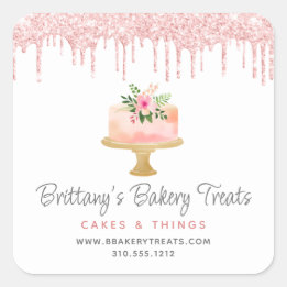 Bakery Cake Blush Pink Glitter Drips Pastry Chef Square Sticker