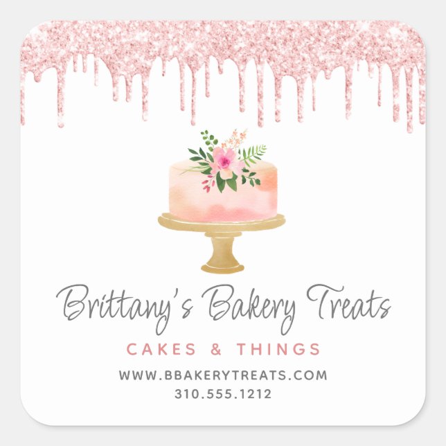 Bakery Cake Blush Pink Glitter Drips Pastry Chef Square Sticker (Front)