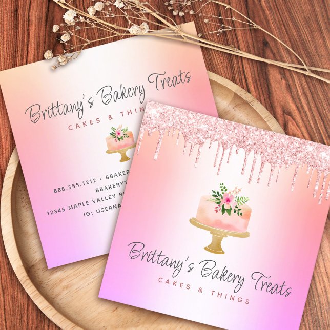 Bakery Cake Blush Pink Glitter Drips Rainbow Ombre Square Business Card (Creator Uploaded)