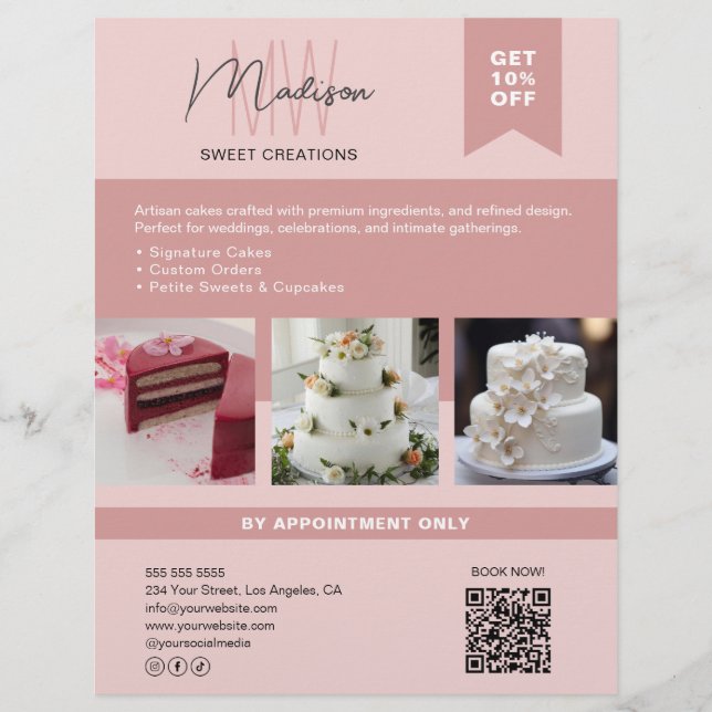 Bakery Cake Custom Monogram Logo Pink Flyer (Front)