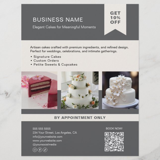 Bakery Cake Custom Photo QR Grey Flyer (Front)