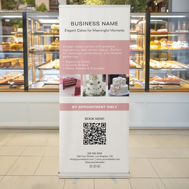 Bakery Cake Custom Photo QR Retractable Banner (Bakery Cake Custom Photo QR Pink Retractable Banner)