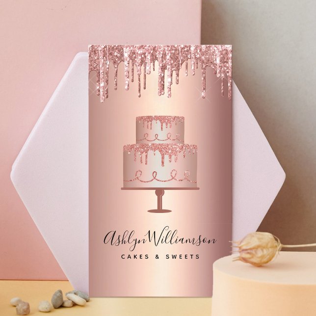 Bakery Cake Rose Gold Copper Glitter Drips Pastry  Business Card (Creator Uploaded)