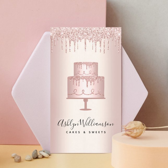 Bakery Cake Rose Gold Glitter Drips Pastry Chef Business Card (Creator Uploaded)