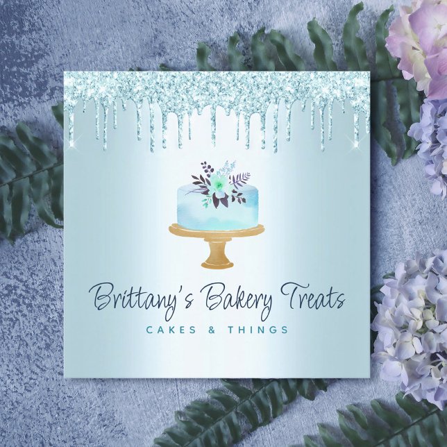 Bakery Cake Turquoise Pastry Glitter Drips Dessert Square Business Card (Creator Uploaded)