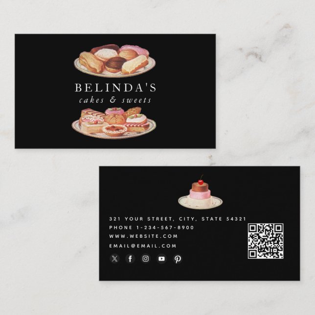Bakery Cakes Sweets Baking QR Code Social Media Business Card (Front/Back)