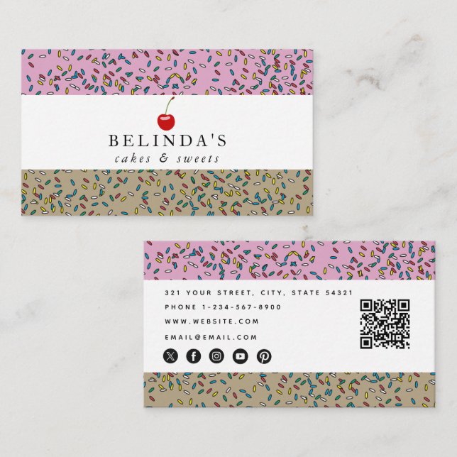 Bakery Cakes & Sweets QR Code Social Media Icons Business Card (Front/Back)