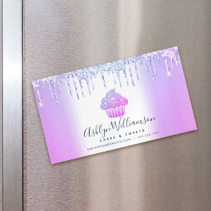 Bakery Chef Cupcake Purple Blue Chic Glitter Drips Magnetic Business Card