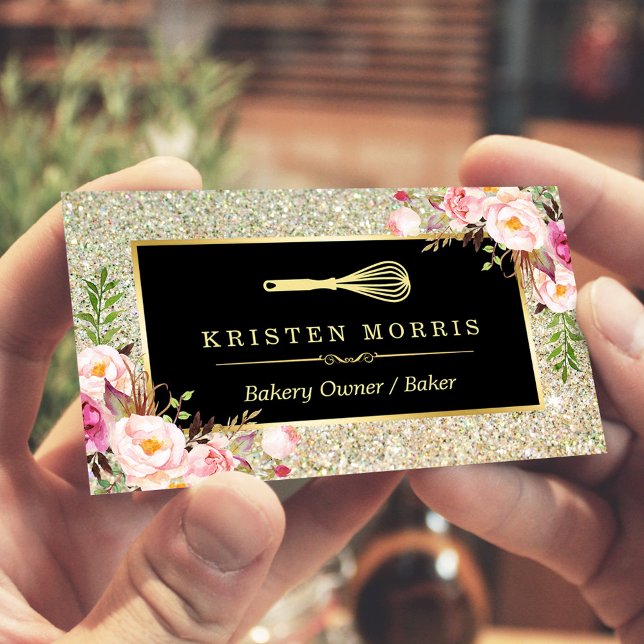 Bakery Chef Whisk Logo Floral Gold Glitter Business Card (Creator Uploaded)
