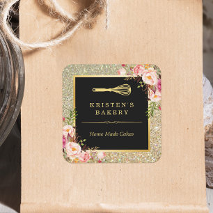 Bakery Chef Whisk Logo   Floral Gold Glitter Square Sticker